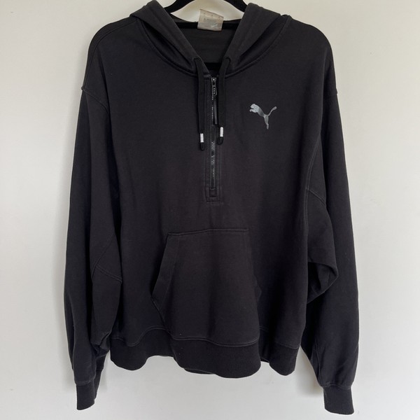 Puma Black Cropped 1/2 Zip Tape Logo Hoodie SZ XL Street Athleisure Skate Gym