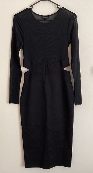 Topshop Bodycon Dress Size 6 Black LBD Midi Long Sleeve Mesh Bodice Cut-outs