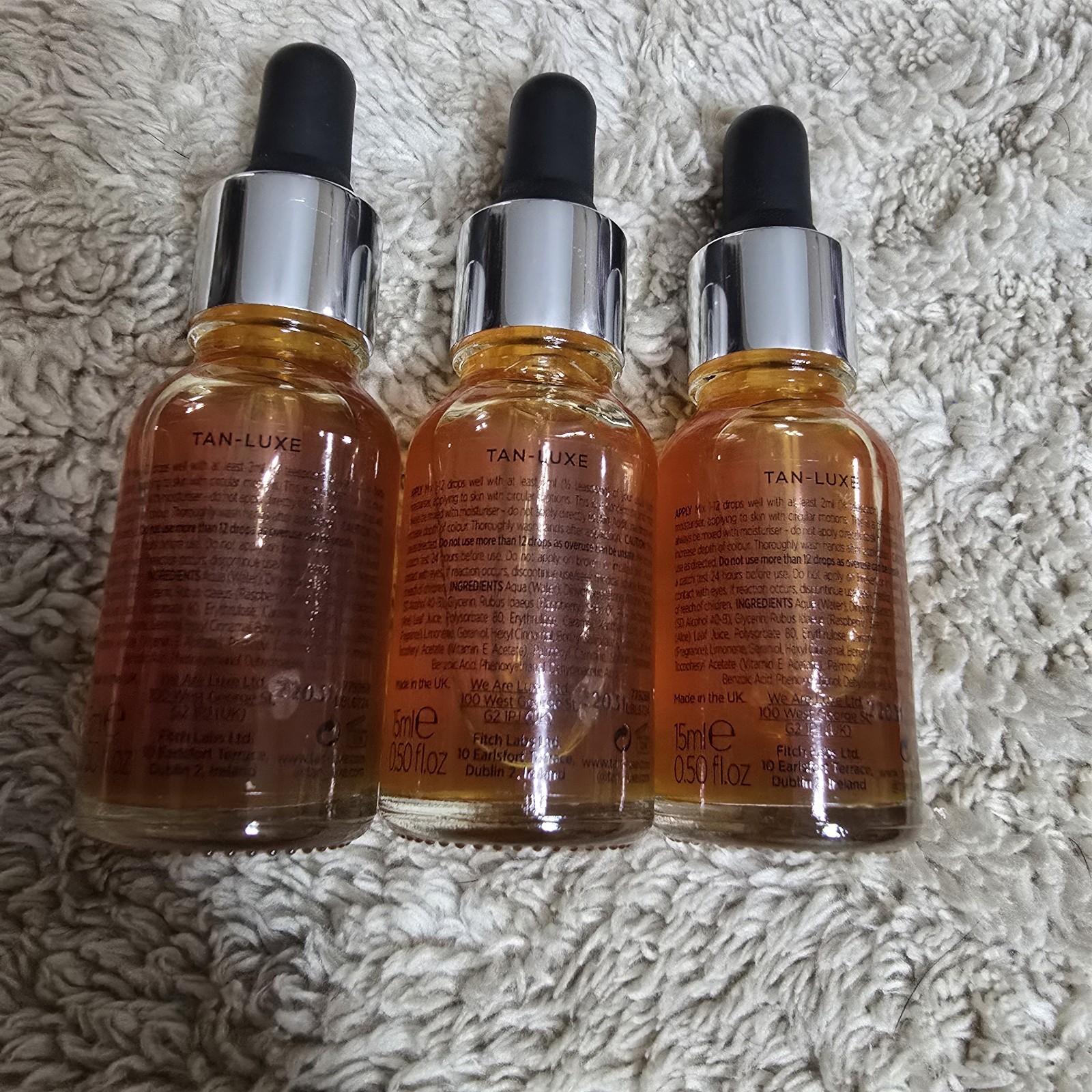 TAN-LUXE-LOT OF THREE (3) ILLUMINATING SELF TAN DROPS - SHADE MED/DARK 15ml Each