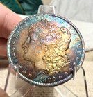 1890 GEM BU MS MORGAN DOLLAR MONSTER RAINBOW TONER BULLSEYE OBVERSE — photo 3