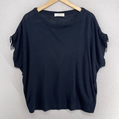 MAISON MONTAGUT Sweater Womens L Viscose Linen Poncho Cinched Pullover Blue
