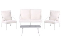Lounge Set 4-Teilig Metall Weiß Mit Auflagen 2-Sitzer Sofa 2 Sessel & Tisch