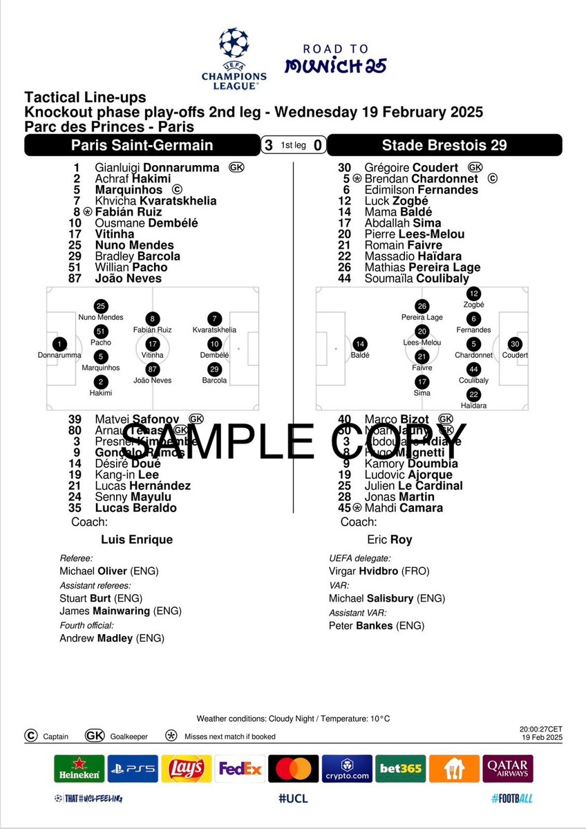 PSG v Brest Champions League EUFA Official Colour Team