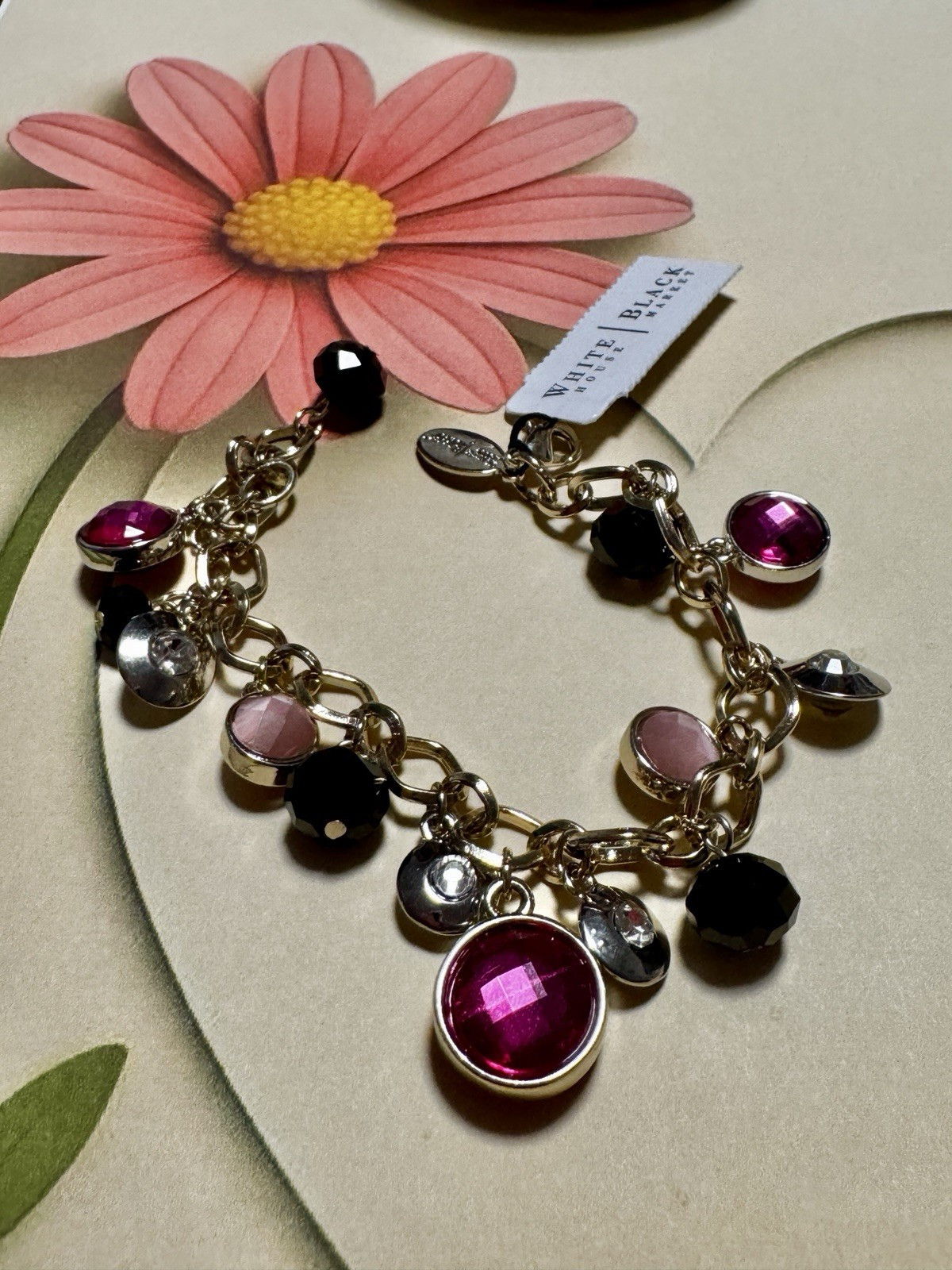 White House Black Market Gold Tone Charm Cable Bracelet Pink/Black Crystal