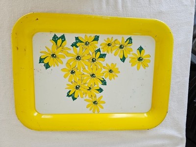 Vintage 1950's-60s Tif Han-D Tin Litho Tray with Yellow and Green Floral Design