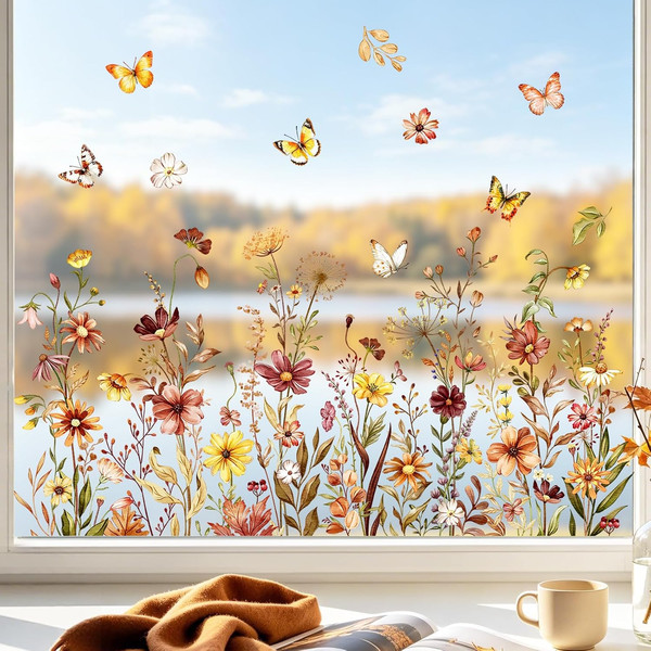 Supzone Fensterbilder Selbstklebend Herbst Blumen Fensteraufkleber-image