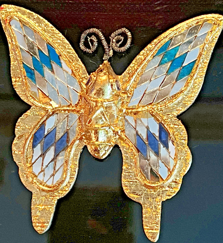 Vintage Mirror & Blue Mosaic Tile Gold Butterfly Ornament Wall Hanging Thailand