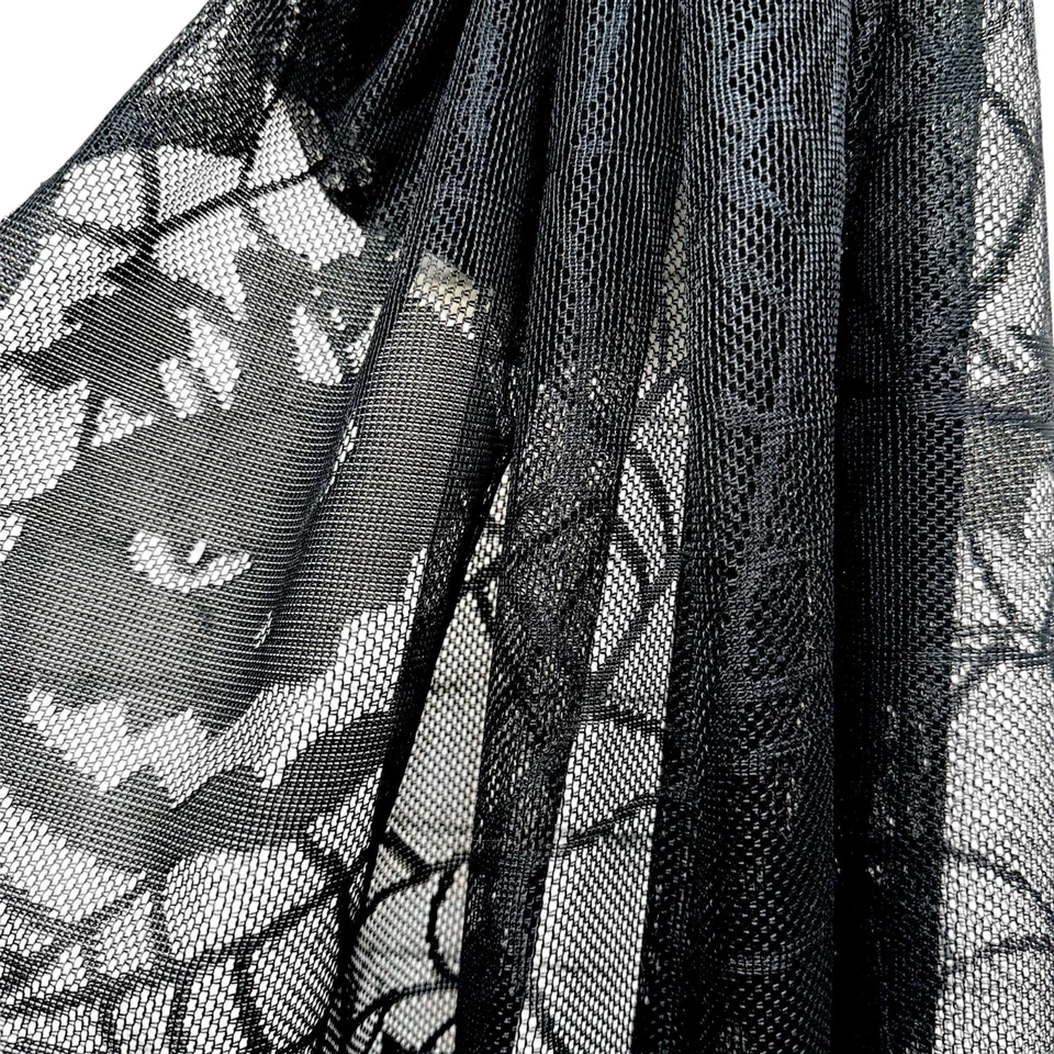 Par de cortinas de Halloween malla negra tela de araña murciélagos bruja calabaza 80" de largo espeluznante Foto 3 de 4