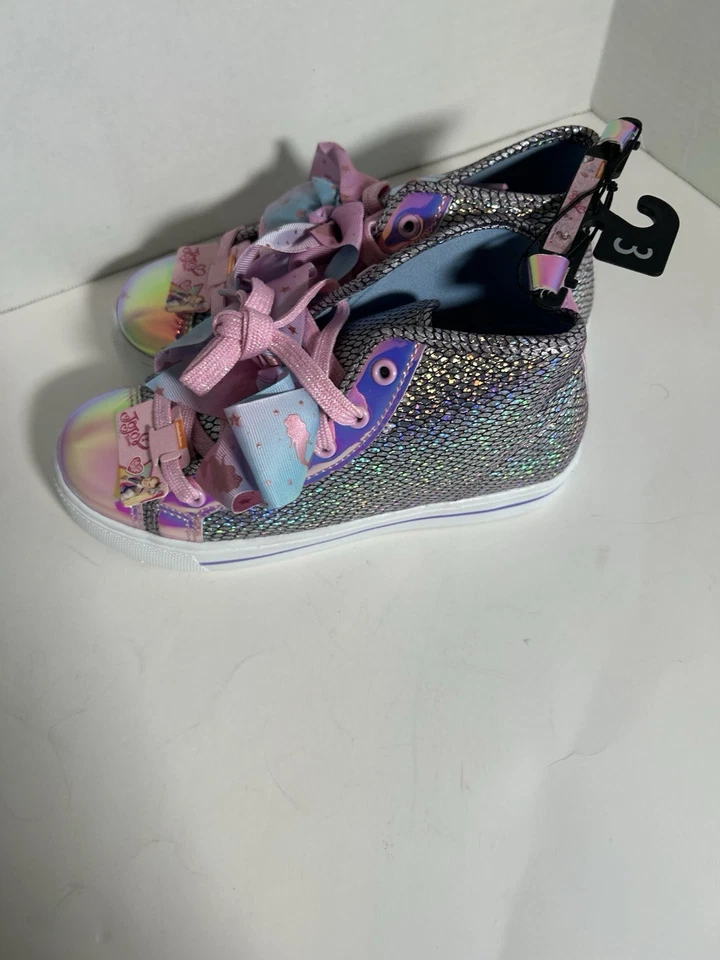 Jojo Siwa Niñas Plata Sirena Escamas Arco Parte Superior Alta Tenis Zapatos Talla 3 Foto 3 de 4