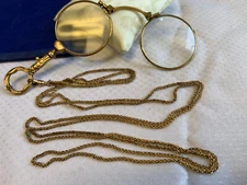 Antique Folding Lorgnette Glasses Gold Plated w/ 50" Chain Prescription Strength