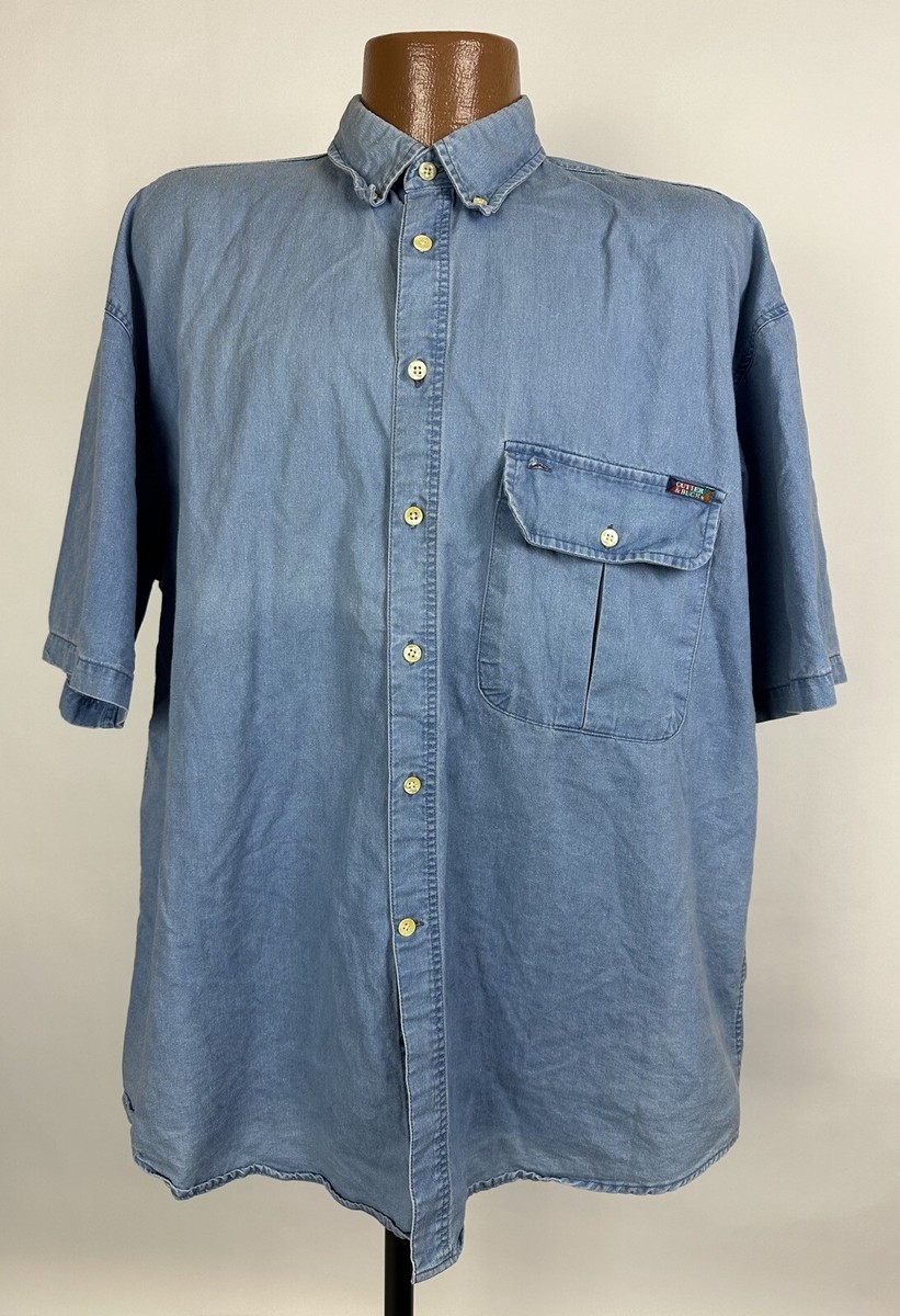 Vintage 90s Denim Shirt Men Large Short Sleeve Button Up Faded