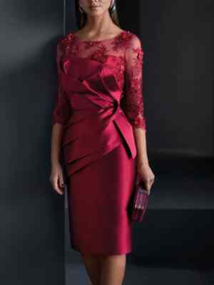 Burgundy Mother of the Bride Dress Shealth Flowers 3/4 Sleeve Appliques Short