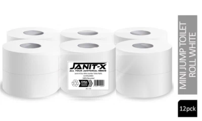 Janit-X Brand Mini Jumbo Toilet Roll 200m, 2ply WHITE {12-48 Rolls BULK OFFER}