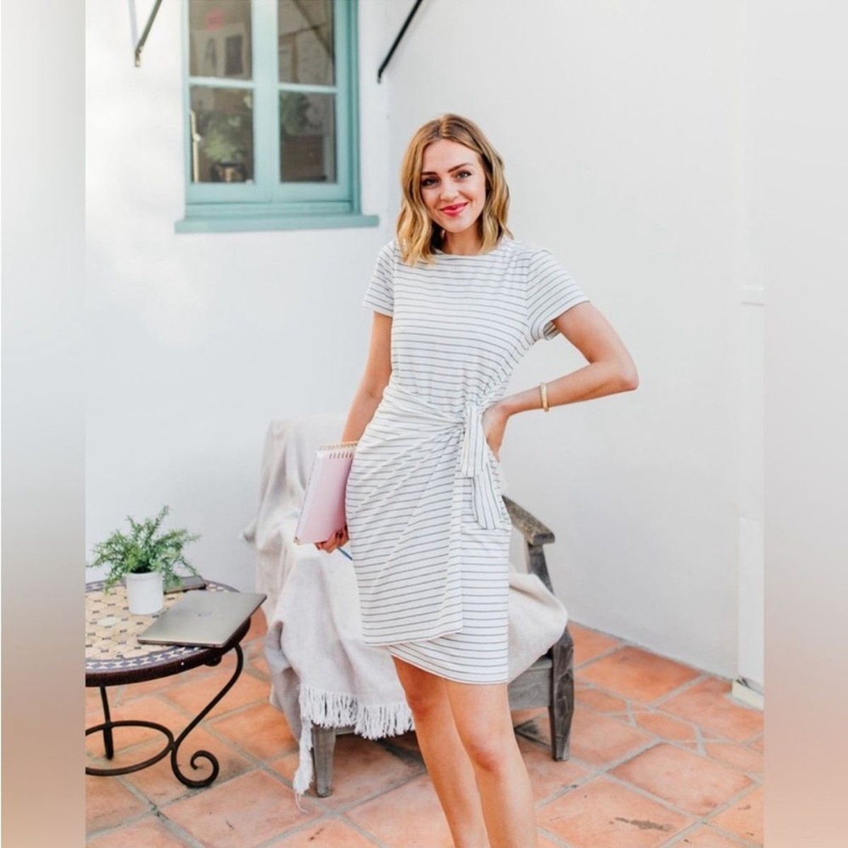 Ann Taylor White & Blue Stripe Side Tie Knot Sheath T-Shirt Dress, MP