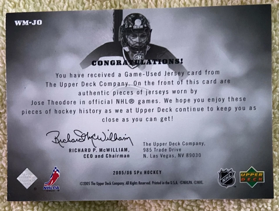 2005-06 SPX Winning Materials Jose Theodore, Jersey Patch, #WM-JO, 251/350 - Image 2 of 2