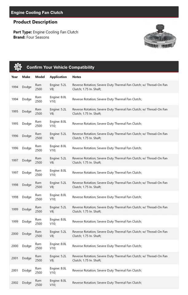 适用于 1994 - 2002 道奇 Ram 2500 发动机冷却风扇离合器 4 季 1996 1997 — 第 2/4 张图片