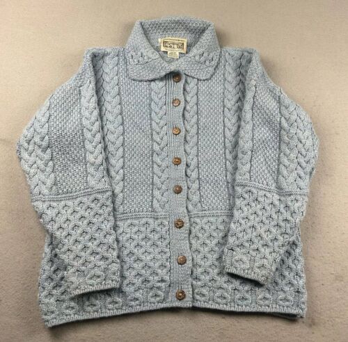 Aran Sweater Womens XL Blue Pure Merino Wool Button Up Collared Cardigan Ireland