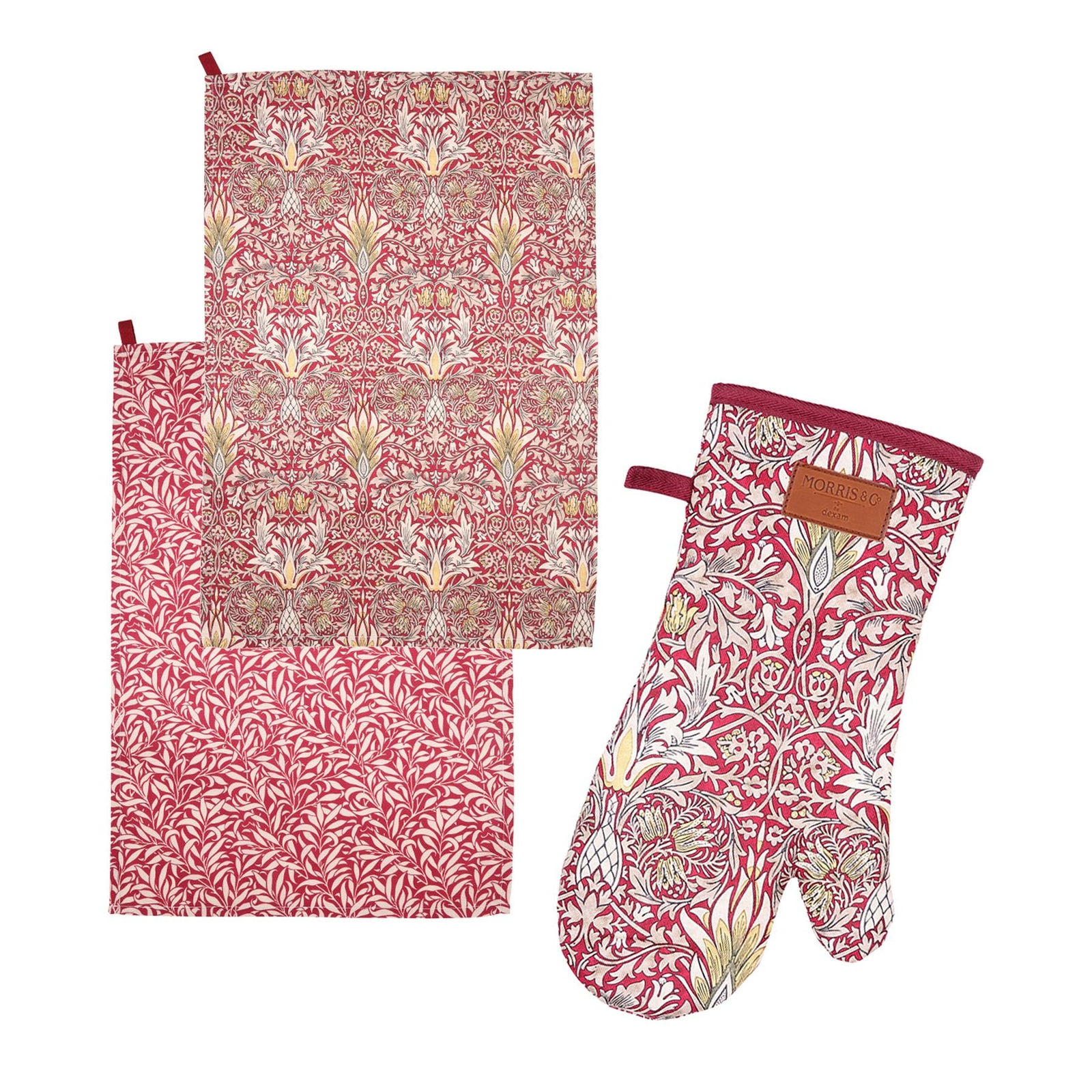 Morris & Co Snakeshead Tea Towel (2 Pack) & Gauntlet Set - Claret