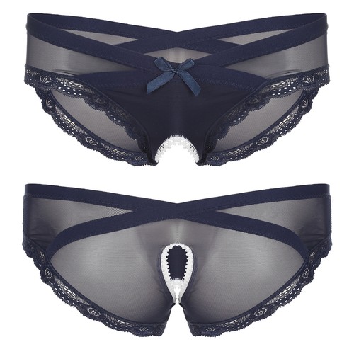 UK Mens Sissy See-Through Mesh Underwear Crotchless Low Rise Lace Trim Briefs - Picture 97 of 115