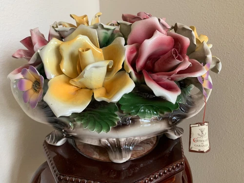 Auth Capodimonte Porcelain Footed Floral Basket Centerpiece Italy XL Flower MCM - Picture 1 of 24