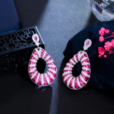 Unique White Gold Rose Red CZ Zircon Stone Bridal Big Tennis Drop Dangle Earring