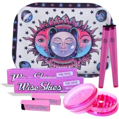 Hippie Rolling Tray Set Rosa Blättchen Rosa Kegelhalter Rosa Rolling Tray
