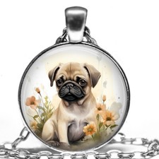 Pug Puppy Dog in Flower Garden Pug Mom Gift Pendant Necklace 24" Chain