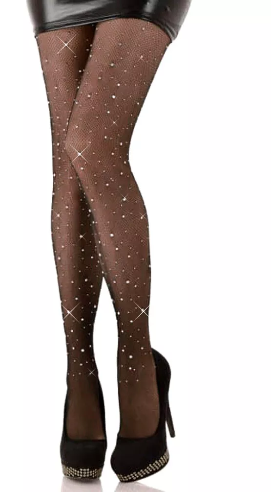 Crystal Rhinestone Stars Fine Black Diamond Mesh Tights SEXY LOW NEW