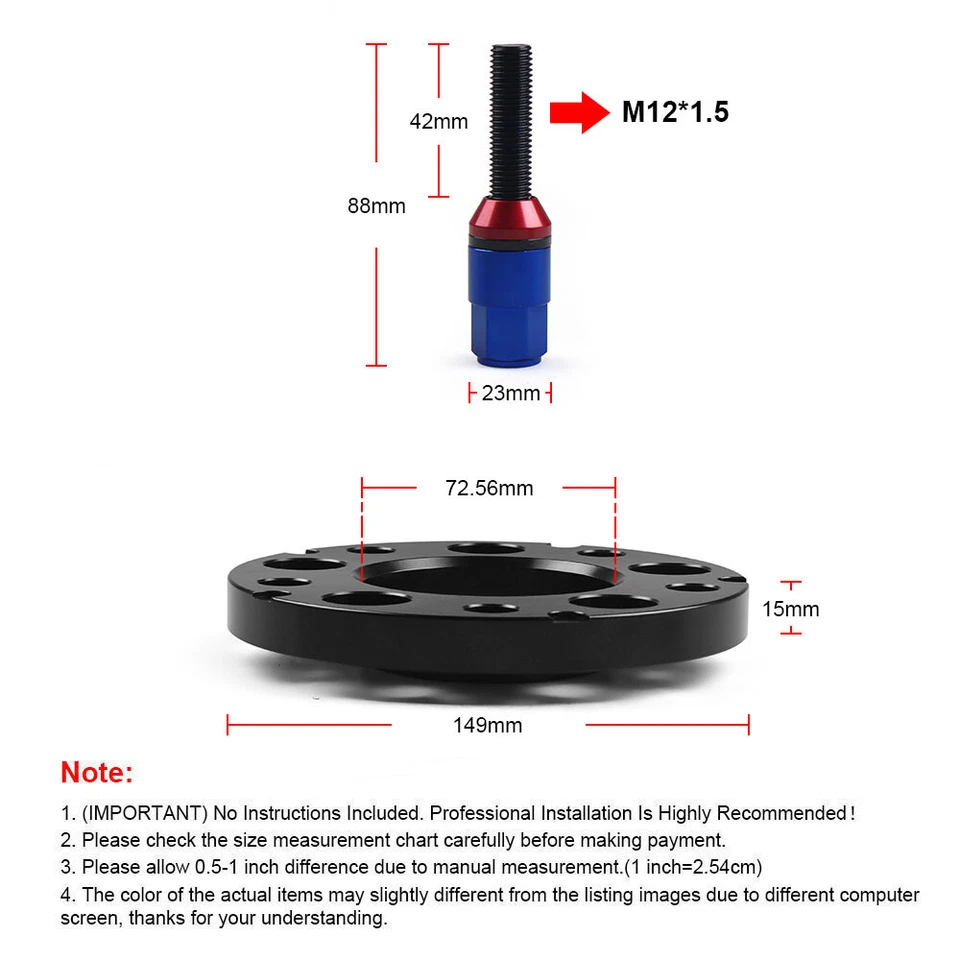 4* 15mm 5x120 72.56mm Hub Centric Wheel Spacers & 20Pcs Cone bolt W/sleeve Blue - Image 3 of 4