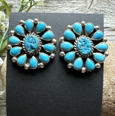 Navajo Native American Sterling Silver Turquoise Cluster Stud