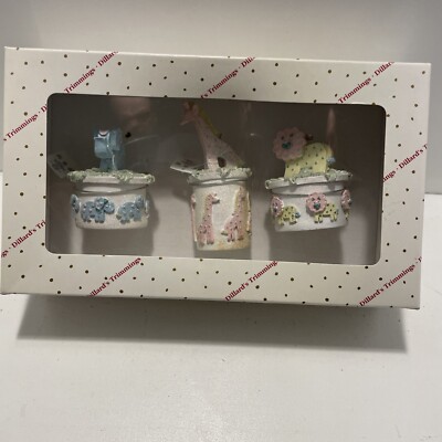 Dillard's Trimmings Set of 3 Elephant Giraffe Lion Blue Pink Yellow Baby Nursery