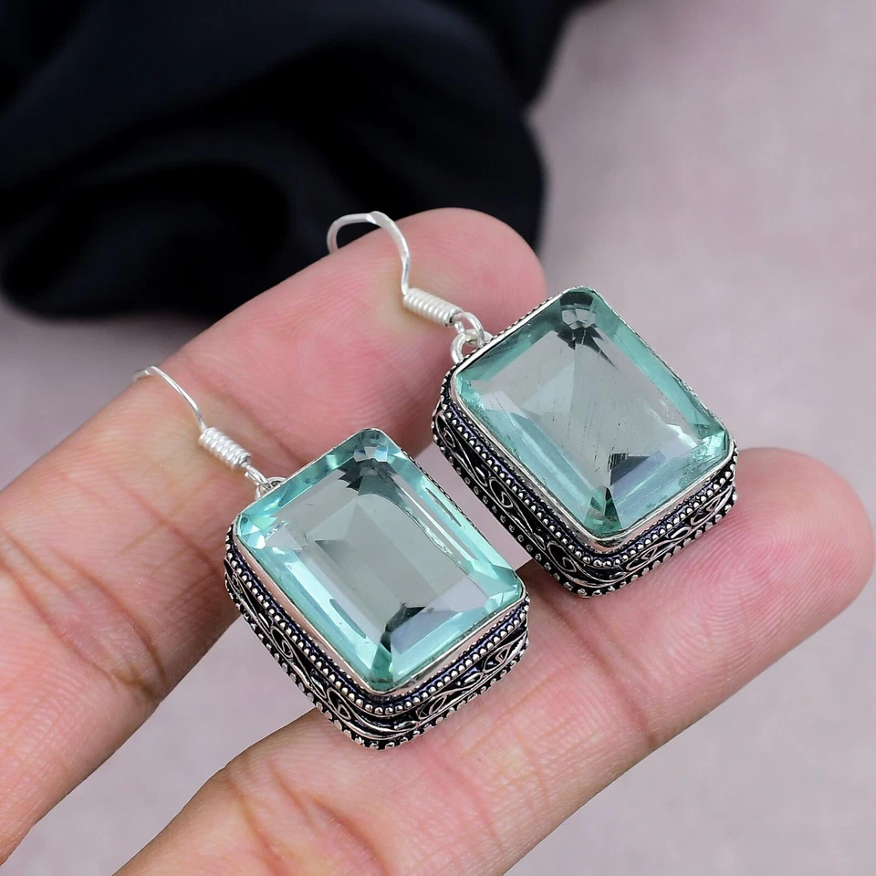 Pendiente de piedras preciosas de aguamarina de plata de ley 925 hecho a mano joyería regalo Foto 2 de 4