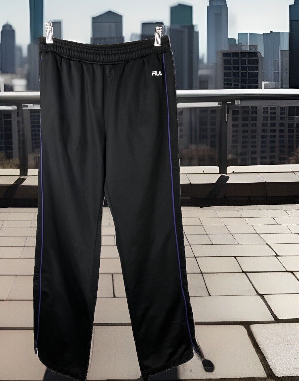 Fila Track Pants Women Small Jogger Sweatpants Zip Leg Black Purple Stripe Gorp