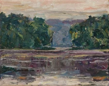 Art Original Oil Painting by RM Mortensen "Sienna Lake" Sunrise River Sky