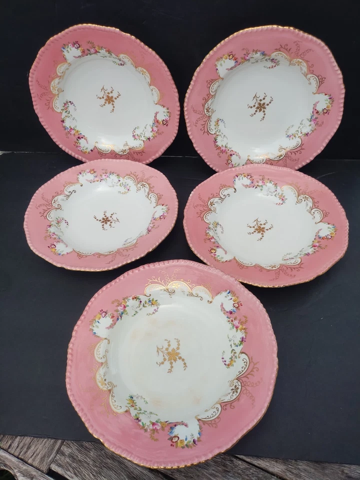 5 Antique Gilman Collamore New York COALPORT England 10" Bowls Pink Gold Flowers - Image 4 of 4