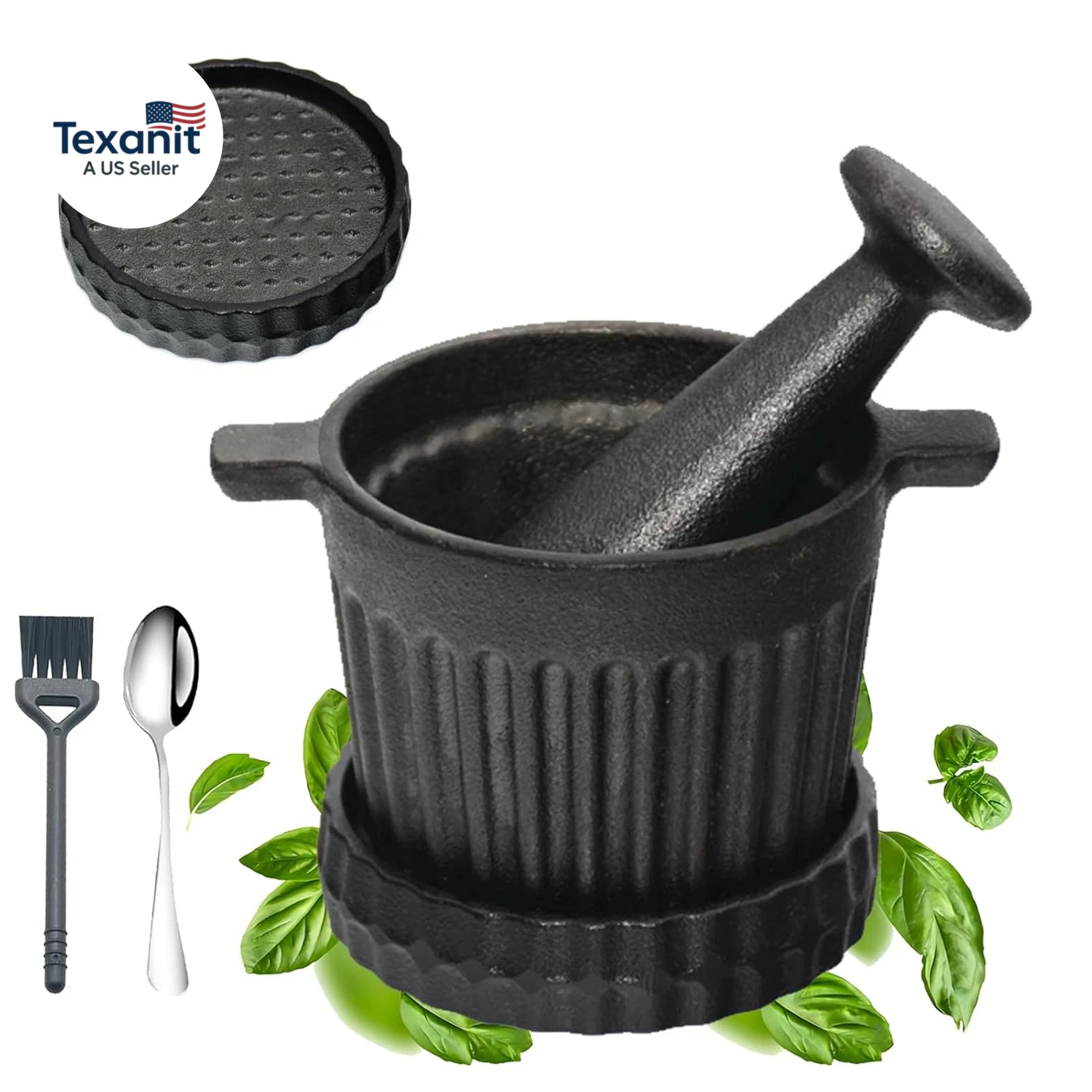 UKEMEN Cast Iron Mortar and Pestle Set, 3-Piece Small Garlic Grater Plate with B