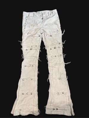 GUAPI Ghost White stacked denim jeans  Distressed Flared Jeans Metal piercing 