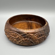 Vintage Hand Carved Wooden Bowl Floral Leaf Design Rustic Decorative Accent