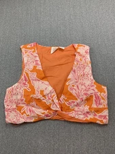 C&C California Crop Top Womens Medium Orange Pink Linen Floral Cat Print Tank