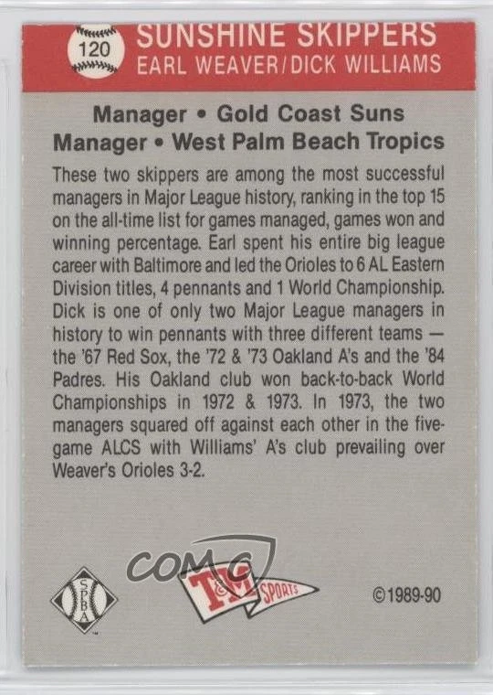 1989 T&M Senior Professional Baseball Association Earl Weaver Dick Williams HOF - Image 2 of 2