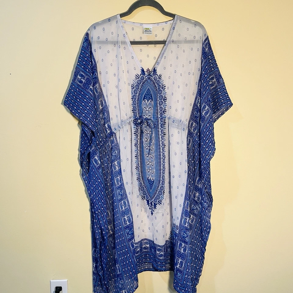 Rima Beachworld 短雪纺长衫海滩覆盖海滩连衣裙均码蓝色 Wh — 第 2/4 张图片