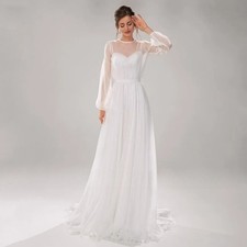 Beach Wedding Dress Round Neck Long Sleeves Pleat Sweep Train Chiffon Bride Gown