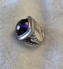 David Yurman Amethyst Albion Ring Size 8 w/14mm Stone 925 Sterling Double Shank