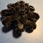 Gold Tone Flower Brooch Pin w/ Black Oval Rhinestones Prong Set — photo 2