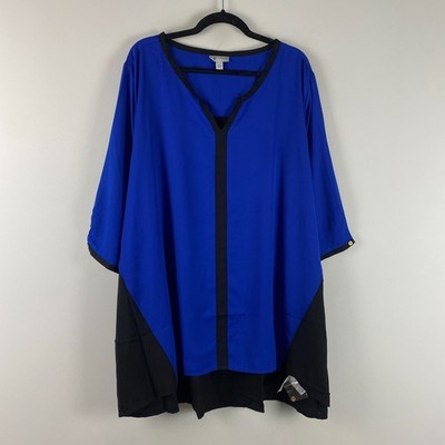 Catherines High-Low Contrast Blouse Tunic Size 3X Blue Black V Neck Half Sleeve