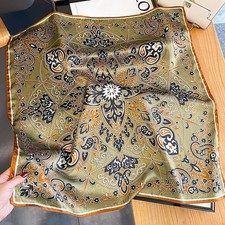 100 Silk Scarf Women Vintage Green Paisley Kerchief Square Bandana Wrap 68 68cm