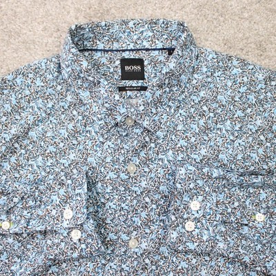 BOSS Hugo Boss Shirt Mens Large Blue Floral Lukas_F Regular Fit Cotton L/S