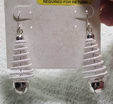 Christmas Trees Silver Jingle Bell  White Frosted Wire Dangle Earrings