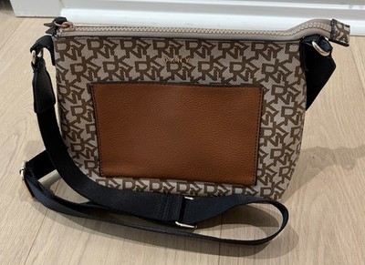 DKNY Logo Monogram Crossbody Bag Beige Brown Black Zip Top Gold Hardware
