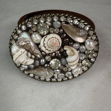 Douglas Cloutier Chunky Crystal Shells Pearls Silvertone Large Belt Buckle 36
